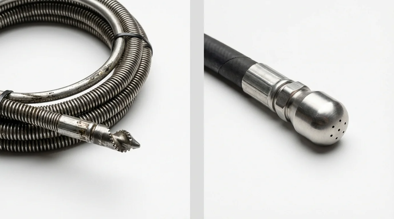 Drain snake cable and hydro jetting nozzle used for drain cleaning in Big Bend, WI