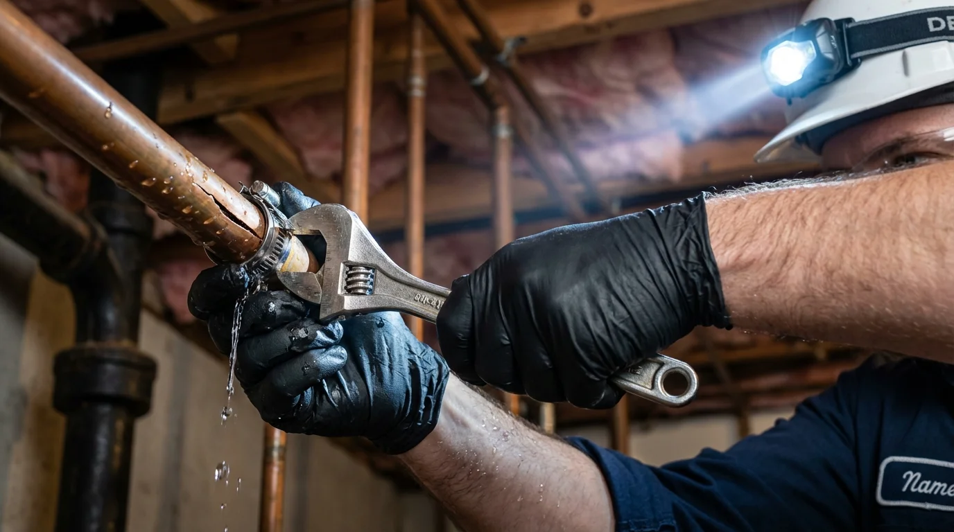 Emergency pipe clamp repair being performed by a Johns Plumbing LLC plumber in Big Bend