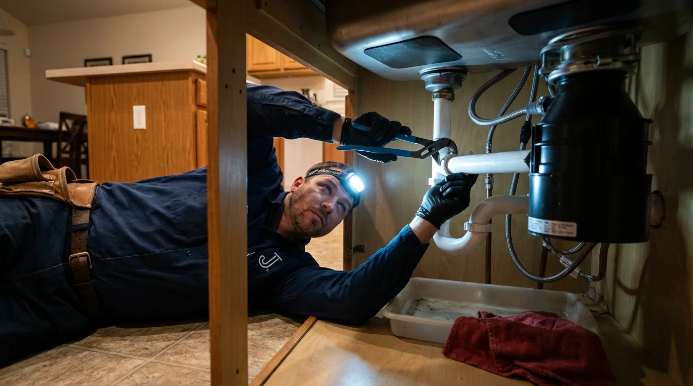 P-trap and supply line connections under a kitchen sink showing a common leak point in Big Bend, WI